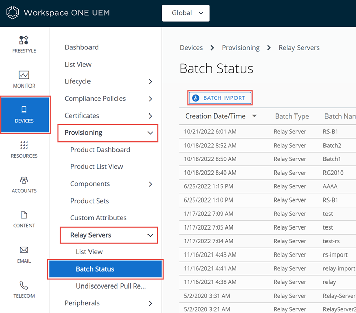 This screenshot shows the Batch Status screen and highlights the Batch Import button.