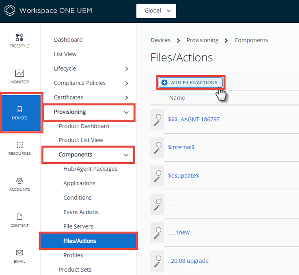 This screenshot shows the Files-Actions Component screen with the Add button highlighted.