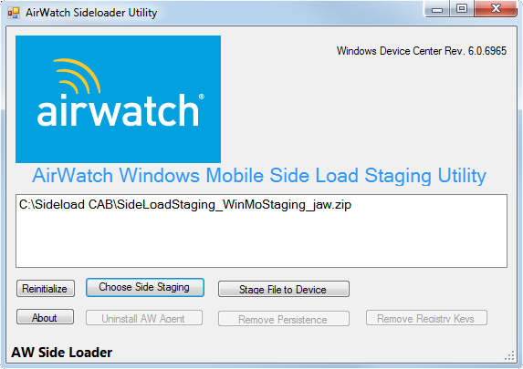 This screenshot shows the AirWatch Sideloader Utility after you click the Choose Side Staging button and selected the sideload staging package in ZIP format.