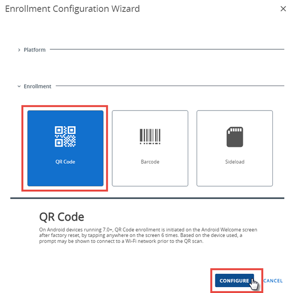 This screenshot shows the Enrollment Configuration Wizard with the QR Code option highlighted. This screenshot shows the Enrollment Configuration Wizard with the QR Code option highlighted.