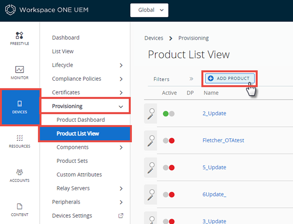 This screenshot shows the Product List View with the Add Product button highlighted.