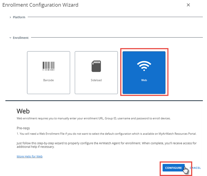 This screenshot shows the Enrollment Configuration wizard, where you select the enrollment type, in this case, Web.