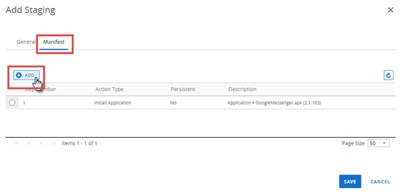 This screenshot shows the Manifest tab and Add button of the Add Staging panel.