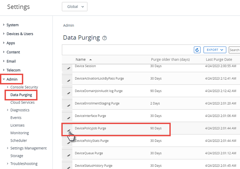 This screenshot shows the Data Purging page of System Settings, where you can specify how much data you want to collect. This screenshot shows the Data Purging page of System Settings, where you can specify how much data you want to collect.