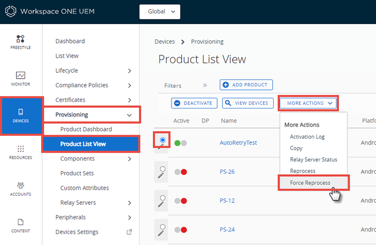 This screenshot shows the Product List View with the More Actions button selected and Force Reprocess option highlighted.