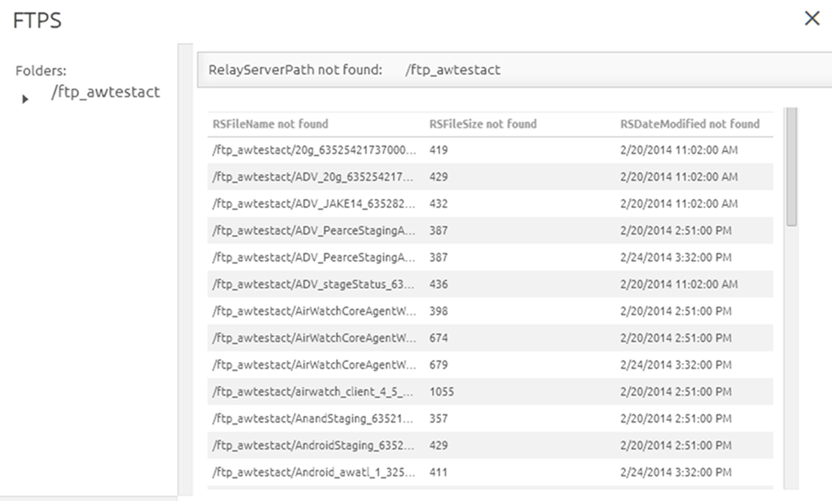This partial screenshot shows the Remote File Listing, which you can see by navigating to Devices > Provisioning > Relay Servers > List View, select a server's radio button, select the More Actions button, then select Remote File List. This partial screenshot shows the Remote File Listing, which you can see by navigating to Devices > Provisioning > Relay Servers > List View, select a server's radio button, select the More Actions button, then select Remote File List.