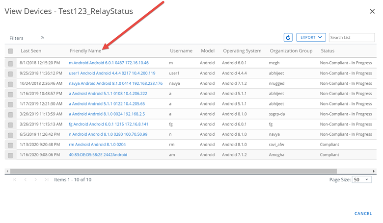This screenshot displays the View Devices listing for a specific product. this is what you see when you select a number from the status columns of the Product List view. It displays all the device Friendly Names that have, or are scheduled to have, the product in question. This screenshot displays the View Devices listing for a specific product. this is what you see when you select a number from the status columns of the Product List view. It displays all the device Friendly Names that have, or are scheduled to have, the product in question.