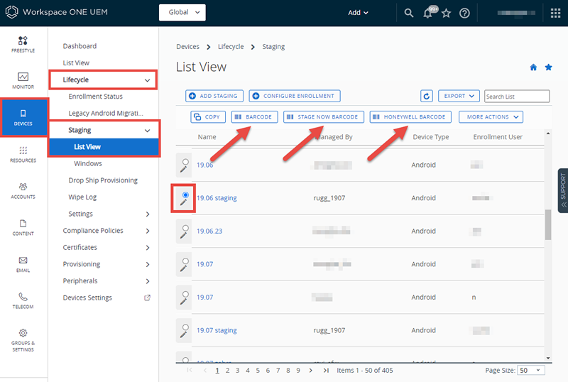 This screenshot shows the List View for the Staging packages.
