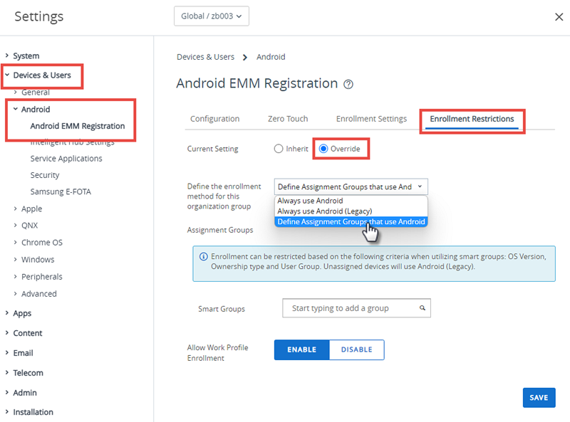 This screenshot shows the Android EMM Registration screen in System Settings.