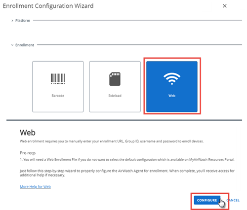 This screenshot shows the Enrollment Configuration wizard, where you select the enrollment type, in this case, Web.