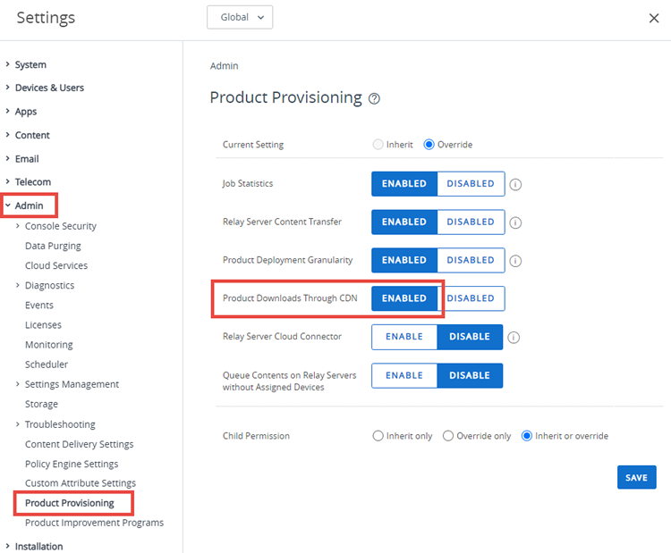 This screenshot shows the Product Provisioning settings page in the Admin block including the Enable CDN download option.