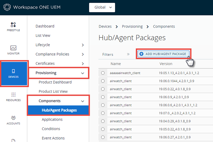 This screenshot shows the Hub/Agent Packages Screen with the Add Hub/Agent Package button highlighted.