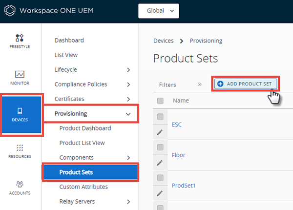 This screenshot shows the Product Sets list view, where you can add new product sets.