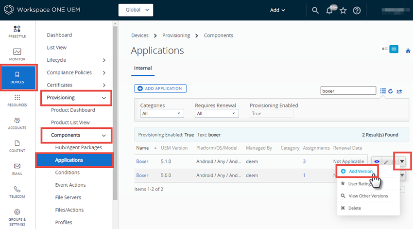 This screenshot shows the Applications Component screen and the click path you take to add a new version of an app.