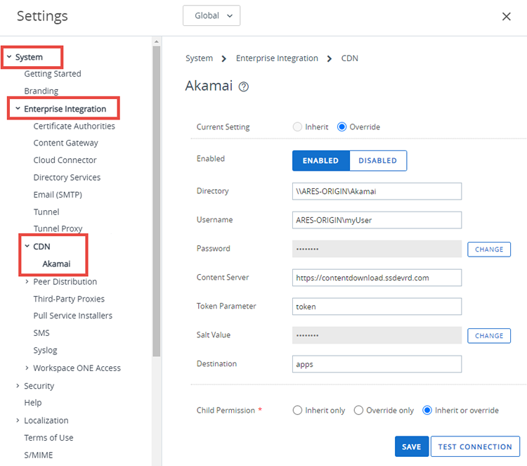 This screenshot shows the System Settings page for Akamai.
