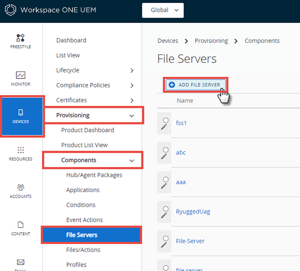 This screenshot shows the File Servers screen and the path that takes you there.