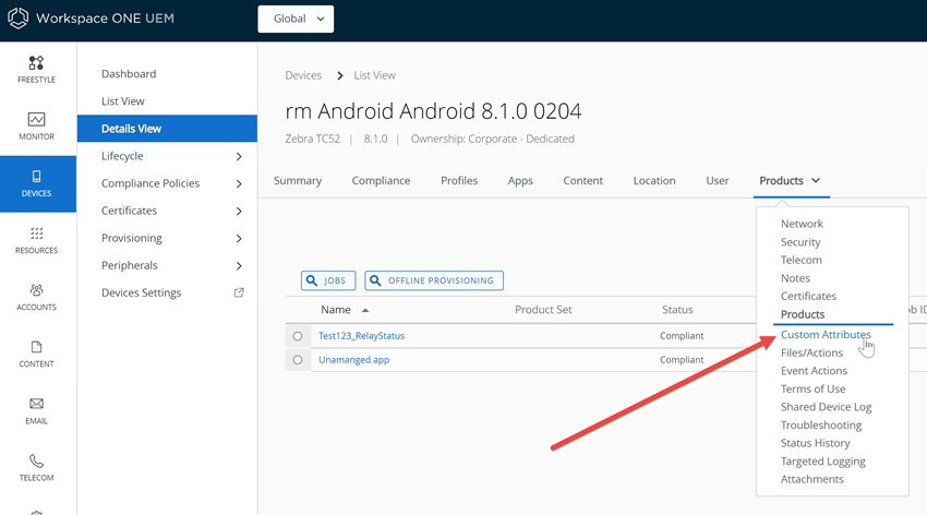This screenshot displays the Details View for an Android device with a custom attribute. This screenshot displays the Details View for an Android device with a custom attribute.