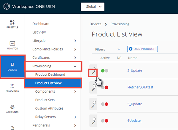 This screenshot shows the Product List View with the edit icon highlighted.