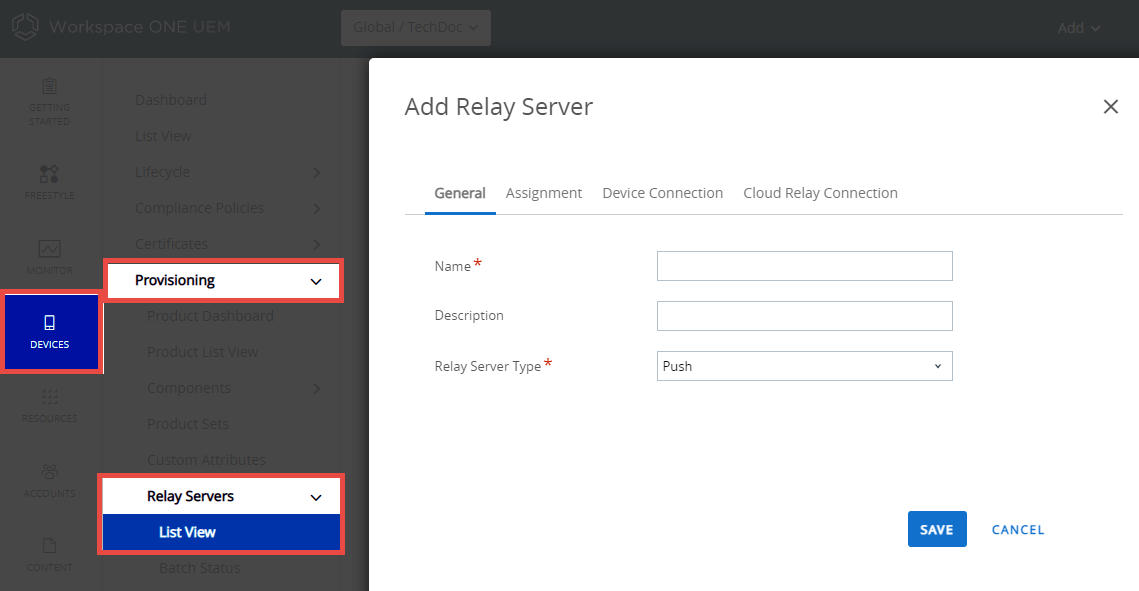 This screenshot shows the Add Relay Server screen and the click path to get there.