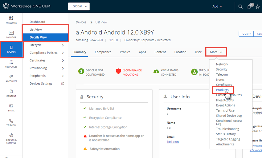 This screenshot shows the Device Details View, with the More tab selected and visible. This screenshot shows the Device Details View, with the More tab selected and visible.