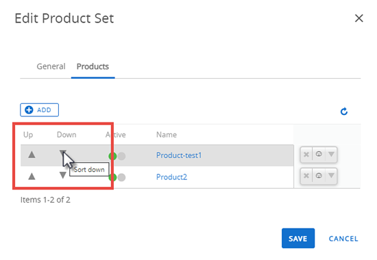This screenshot shows the Edit Product Set screen, with the ranking arrows highlighted. This screenshot shows the Edit Product Set screen, with the ranking arrows highlighted.