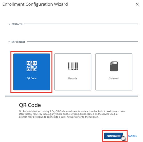 This screenshot shows the Enrollment Configuration Wizard with the QR Code option highlighted. This screenshot shows the Enrollment Configuration Wizard with the QR Code option highlighted.