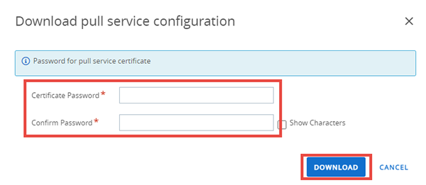 This screenshot shows the password confirmation screen for the pull service download screen.