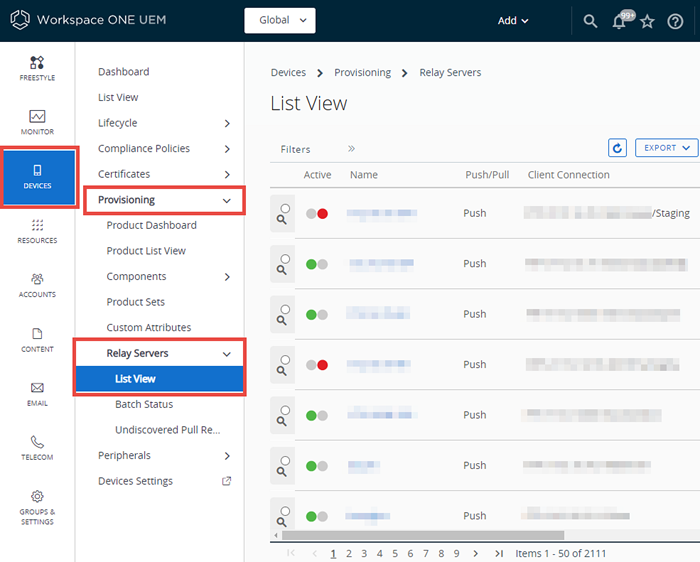 This screeshot shows the Relay Service List View.