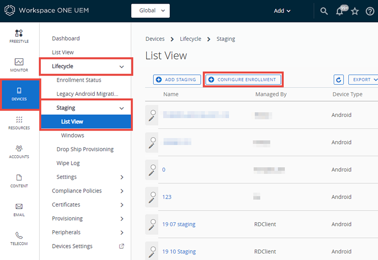 This screenshot shows the Staging List View with the Configure Enrollment buton highlighted.