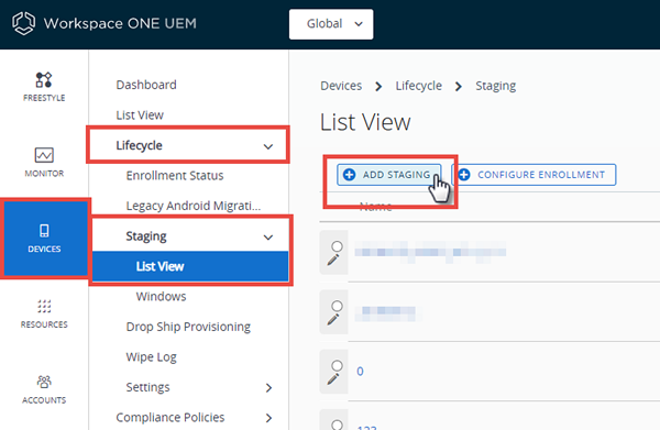 This screenshot shows the Staging List View with the Add Staging button highlighted. This screenshot shows the Staging List View with the Add Staging button highlighted.