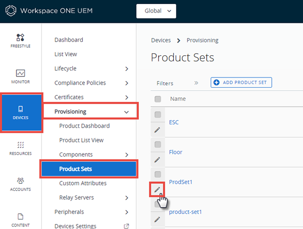 This screenshot shows the Product Sets list view, where you can add content to a product set.