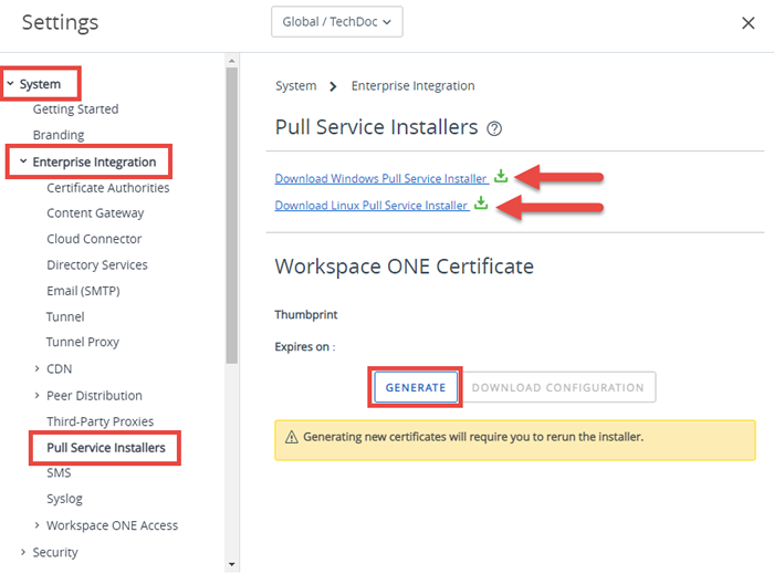 This screenshot shows the click path you take to download the pull service installers for Windows and Linux.