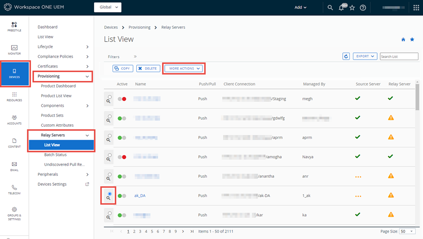 This screenshot shows the relay servers list view and where to go to view the server queue.