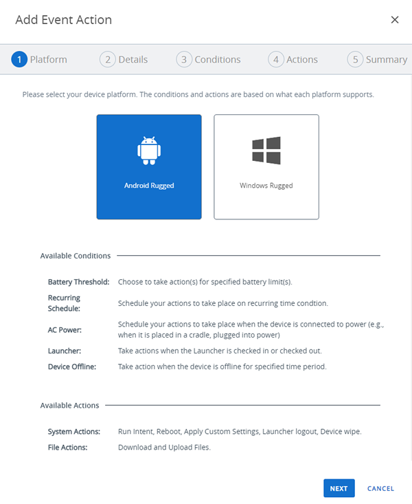 This screesnhot shows conditions and actions available for the Android Rugged platform.