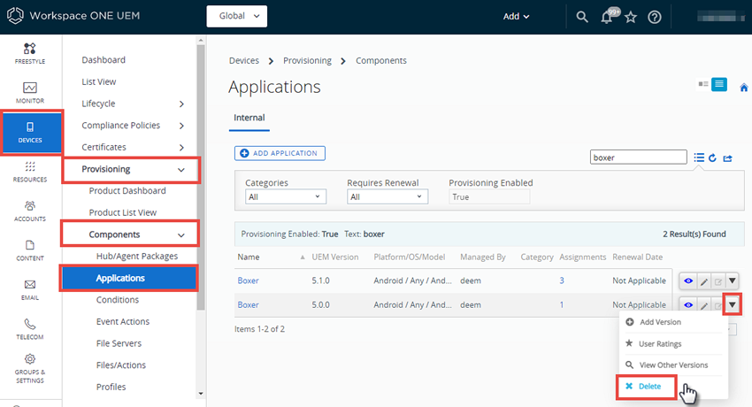This screenshot shows the Applications Component screen and the click path you take to delet the old version of an app.