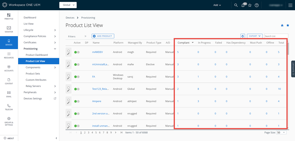 This screenshot displays the Provisioned Product List View, which enables you to create new products from existing components, edit existing products, see which devices have been provisioned with specific products, and more. This screenshot displays the Provisioned Product List View, which enables you to create new products from existing components, edit existing products, see which devices have been provisioned with specific products, and more.