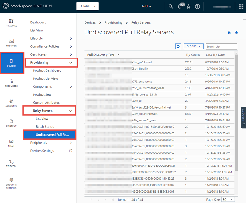 This screenshot shows the Undiscovered Pull Relay Server List View.