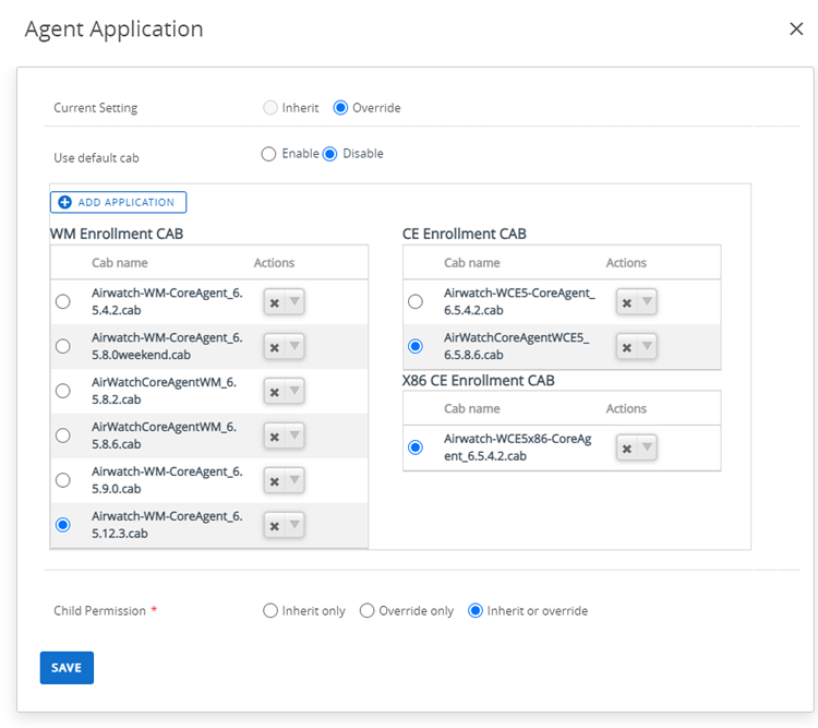 This screenshot shows the Agent Application screen, where you select your CAB file to add.