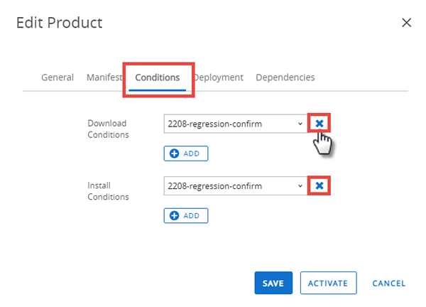 This screenshot shows the Edit Product screen, with the delete X highlighted.
