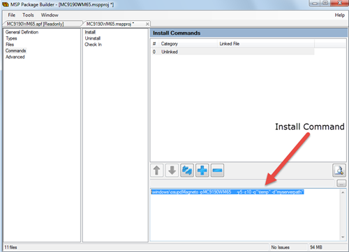 This screenshot shows the MSP Package Builder Utility, which you use to extract files from the APF file. You must also copy (ctrl-c) the install command from the utility to be pasted later when you create the OS Upgrade file action. This screenshot shows the MSP Package Builder Utility, which you use to extract files from the APF file. You must also copy (ctrl-c) the install command from the utility to be pasted later when you create the OS Upgrade file action.