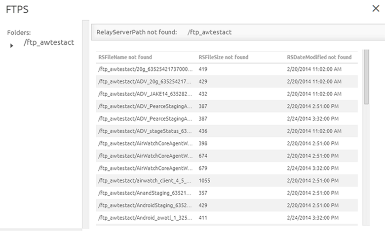 This partial screenshot shows the Remote File Listing, which you can see by navigating to Devices > Provisioning > Relay Servers > List View, select a server's radio button,  select the More Actions button, then select Remote File List.