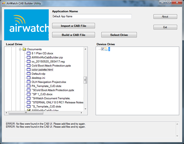 This screenshot shows the AirWatch CAB Creator Utility screen after you begin navigating your local drive in search of content to add to the CAB.