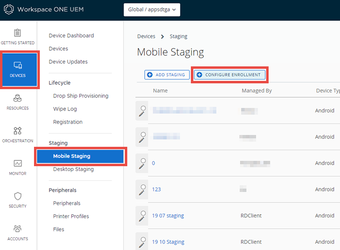 This screenshot shows the Staging List View with the Configure Enrollment buton highlighted.