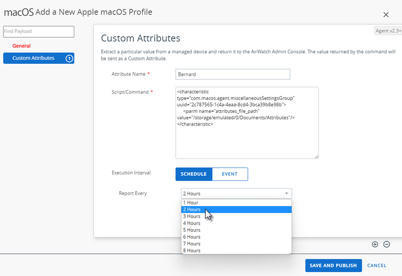 This screenshot shows the Custom Attribute payload screen for macOS.