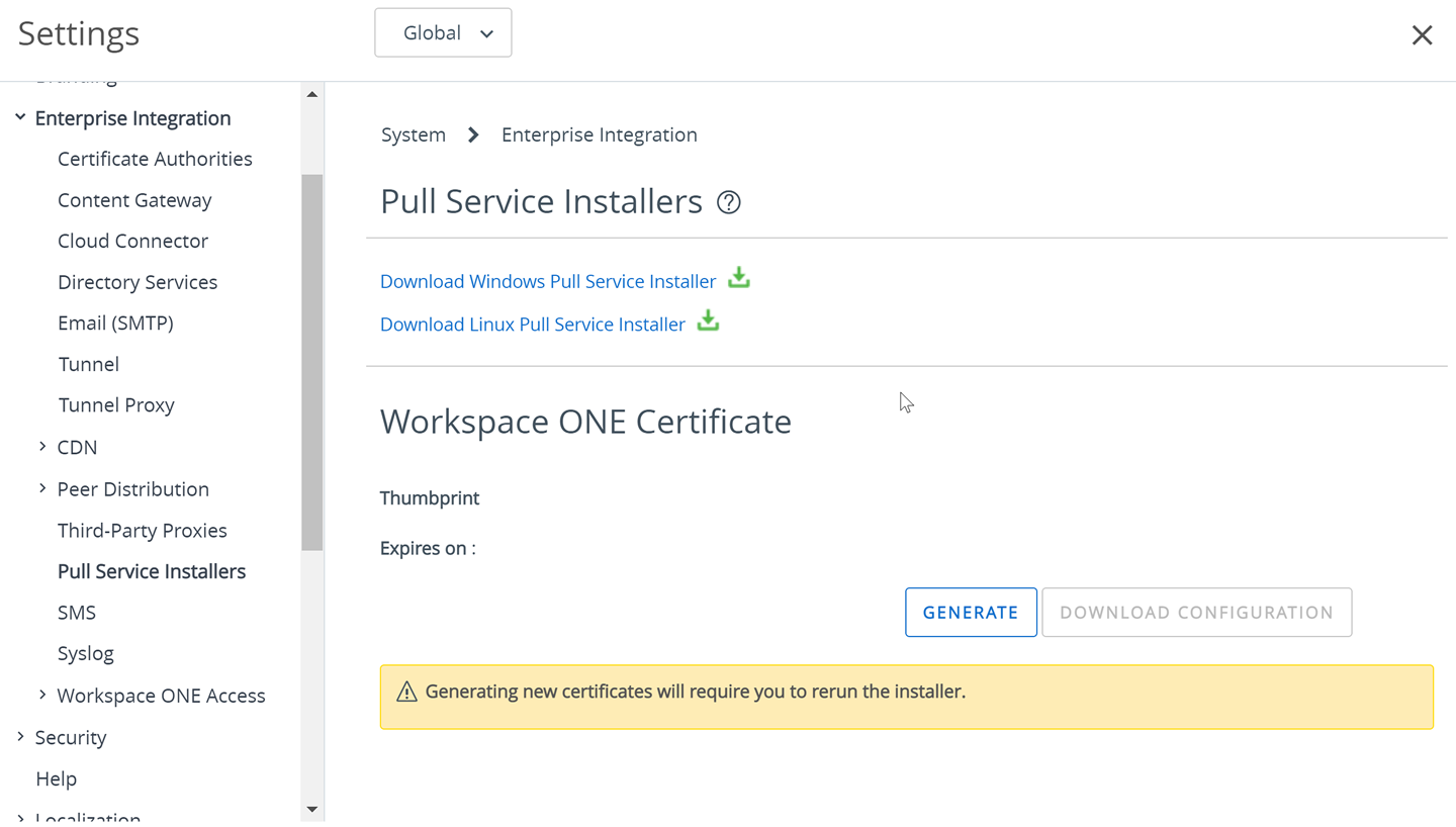 First time configuration This screenshot displays what the settings page looks like when there is no certificate visble and you are configuring one for the first time. The Download Configuration button is deactivated.