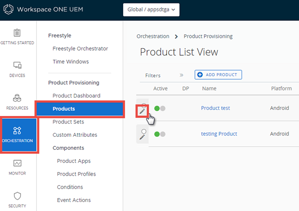 This screenshot shows the Product List View with the edit icon highlighted.