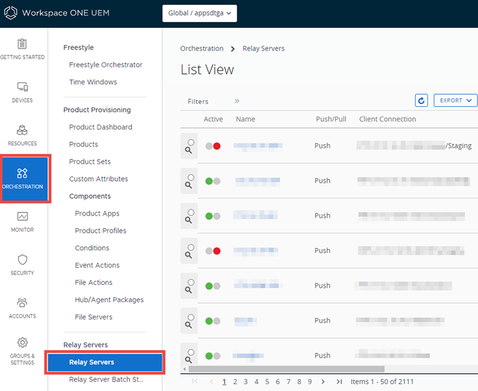 This screenshot shows the Relay Server List View.