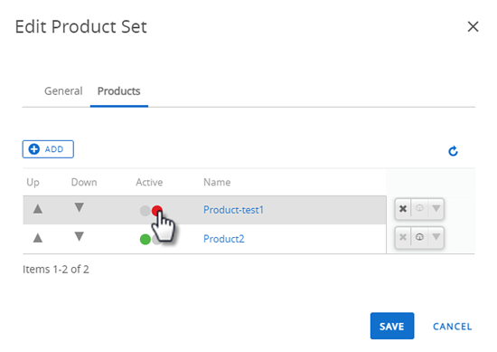 This screenshot shows the Edit Product Set screen, with a deactivated product.