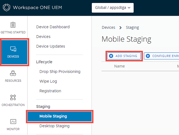 This screenshot shows the Staging List View with the Add Staging button highlighted.