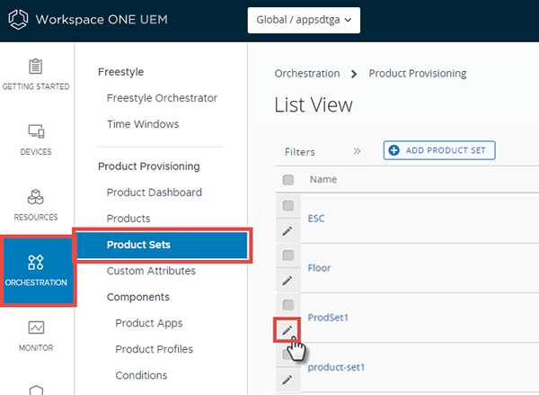 This screenshot shows the Product Sets list view, where you can add content to a product set.